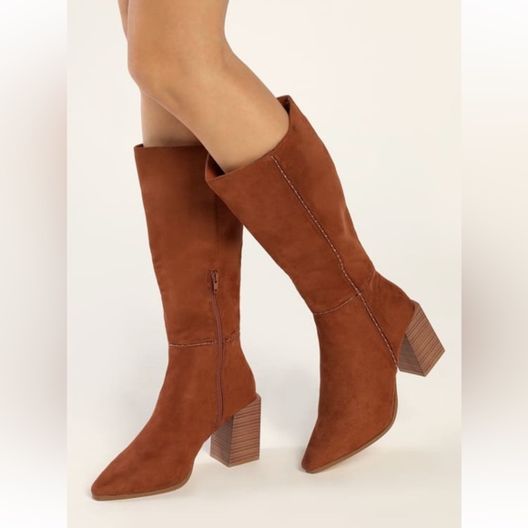 Lulus Delaynie Tan Suede Pointed-Toe Knee High Boots - Picture 2 of 5